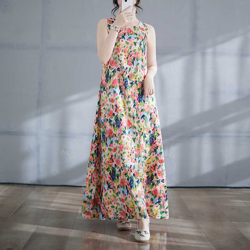 Long Skirt Summer New Round Neck Printed Dress