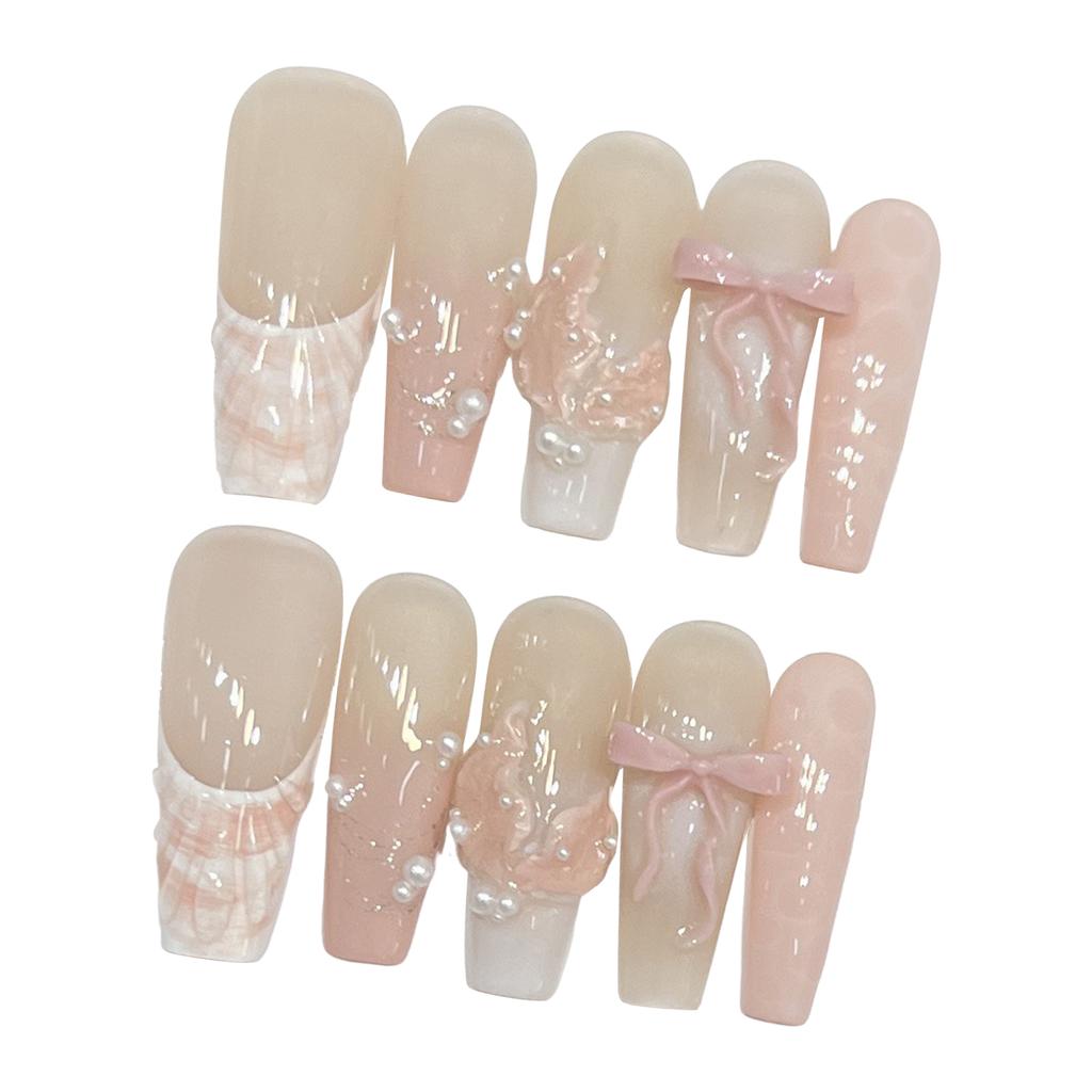 10pcs Long Square Stick on Nails Handmade Pink Glossy Fake Nails for Women Girls Manicure DIY