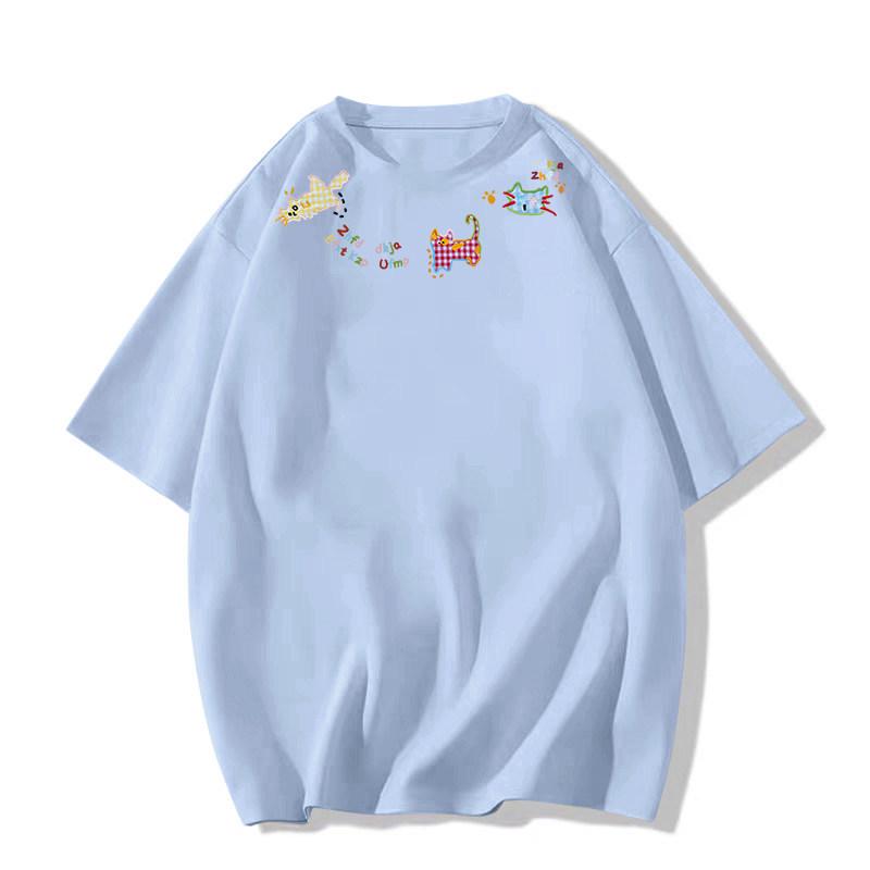 

Women s Plus Size Retro Cartoon Short Sleeve T-shirt - American Summer Loose Fit, Petite Design Top 3XL (156-170 lbs) небесно-голубой