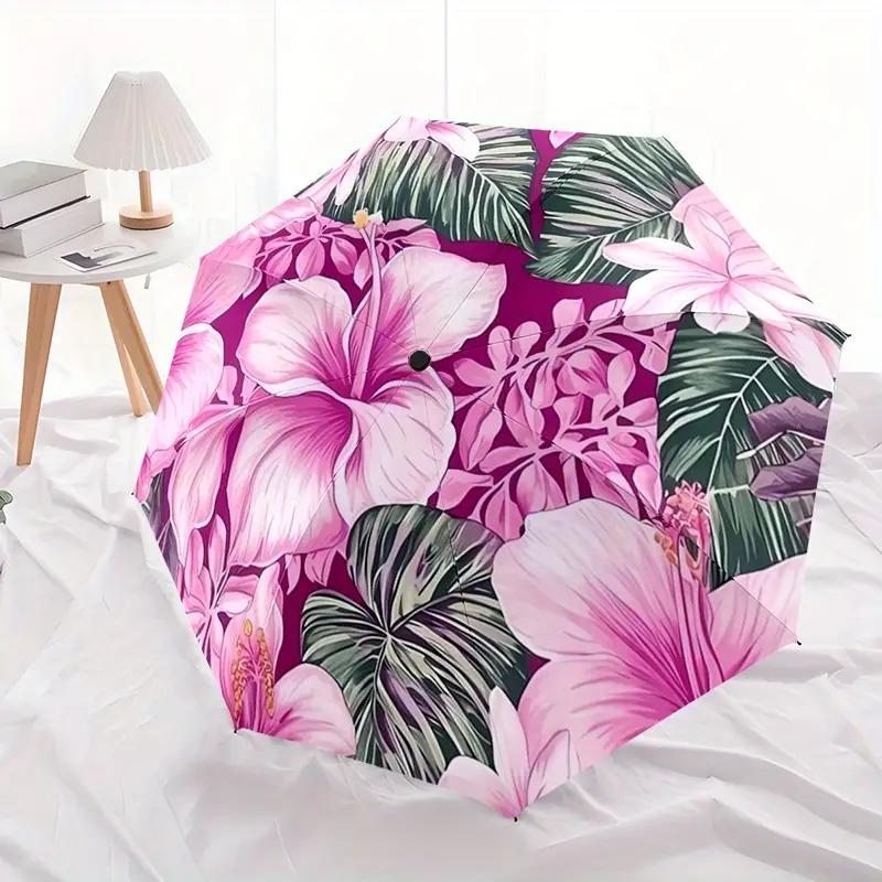 

1pc Tropical Floral Pink Automatic Folding Umbrella | Lightweight, Button-Foldable, Ideal for Beach, Vacation, Daily Commute - (as the picture,Iron&8K)