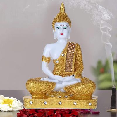 Sitzende Buddha-Statue aus Polyresin, Schaustück für Heimdekoration, Dekoration, Geschenkartikel, 1 Bild (Weißgold)