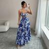 Women's V Neck Cutout Floral Print Maxi Dress Spaghetti Strap Backless Tie Waist Party Dress