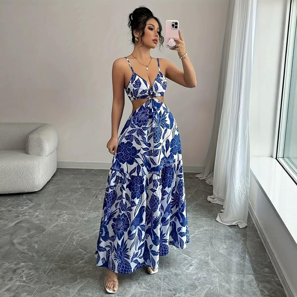 Women's V Neck Cutout Floral Print Maxi Dress Spaghetti Strap Backless Tie Waist Party Dress