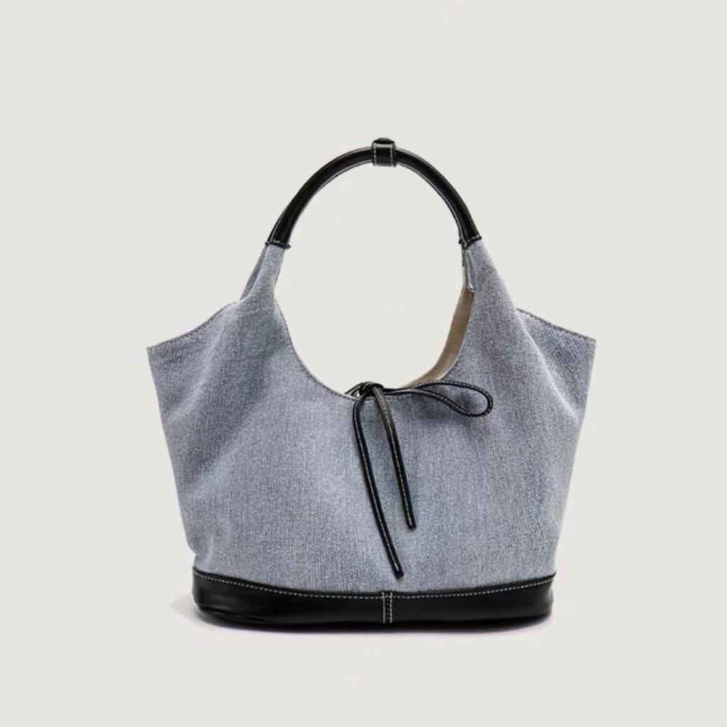 Korean Bow Denim Canvas Patchwork Shoulder Tote Bag - Casual, Large Capacity, Lazy Style for Women