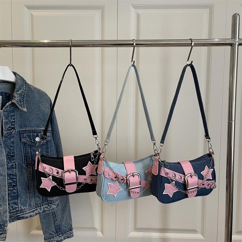 Modna jeansowa torebka na ramię z łańcuszkiem i nitami w kształcie gwiazdy dla kobiet - Jesień 2025