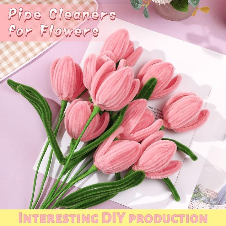 200PCS Tulip Pipe Cleaners for Craft, Chenille Stems with Flower Pole, Flower Core & Gardening Tape, Arts & Crafts for DIY