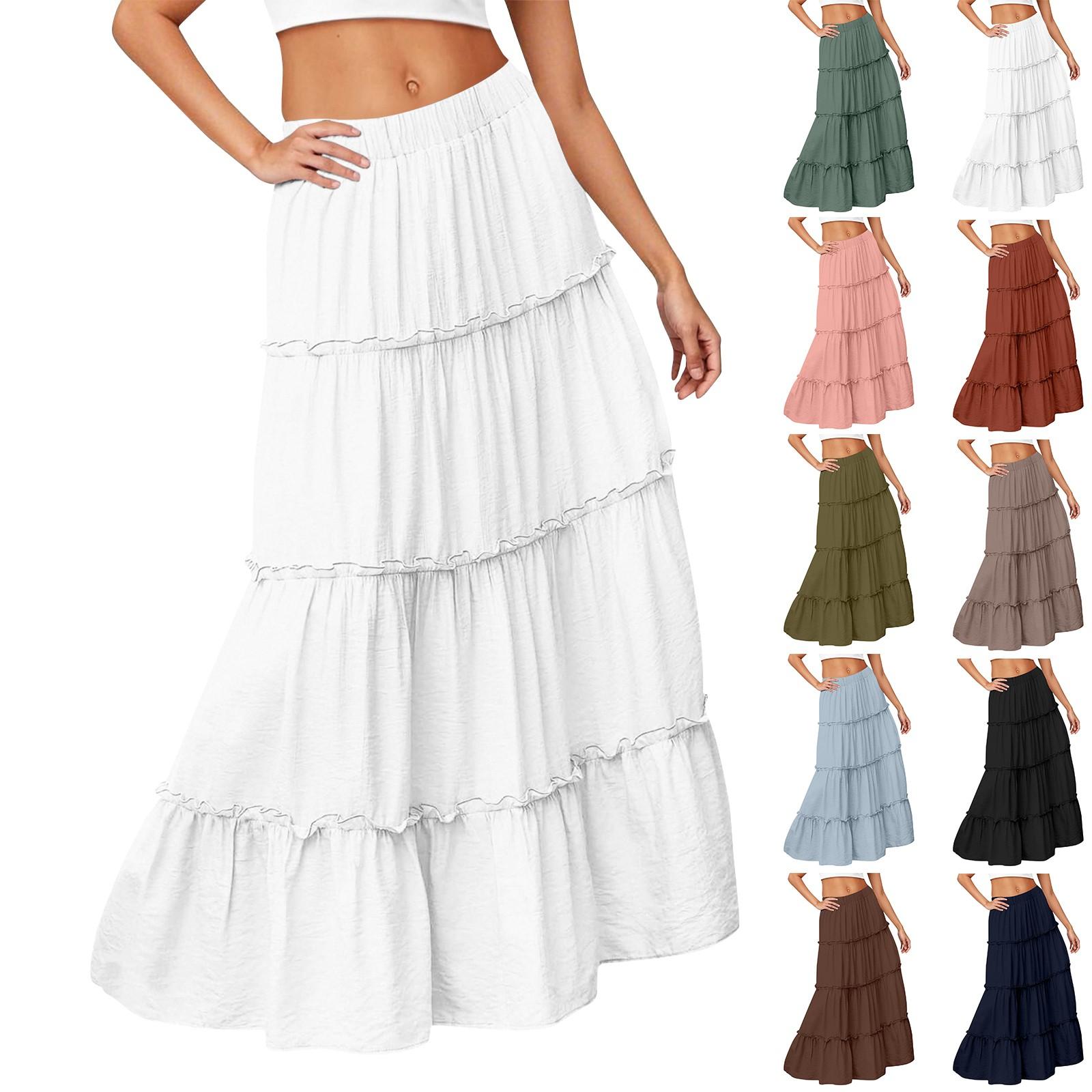 

Women s Solid Color Elastic Waist Loose Hem Long Skirt M кавовий