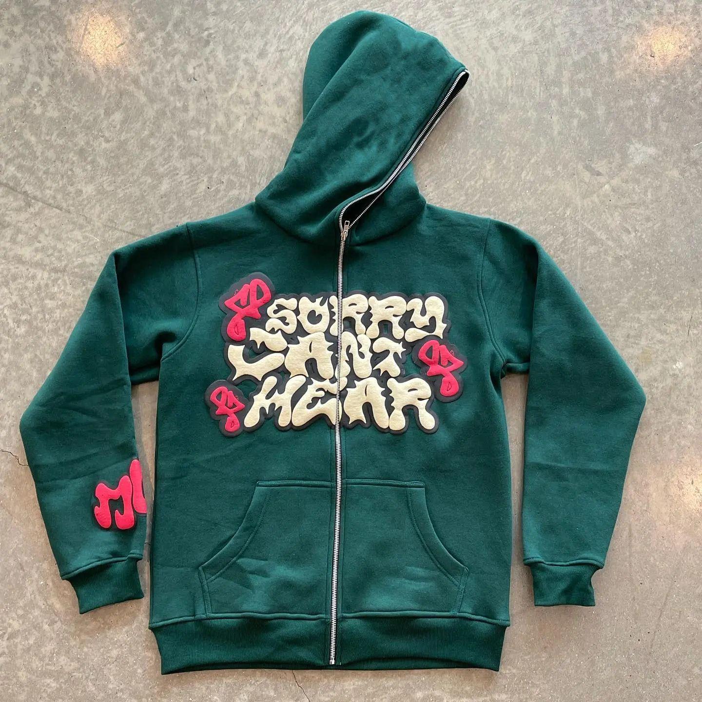 

Y2K Letter Print Zipper Cardigan Hoodie - European & American Street Style Autumn/Winter Outerwear XXXL темно-зеленого