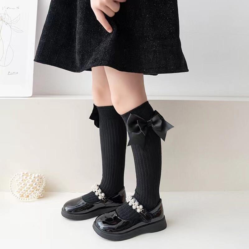

Носки для девочек с жемчужным большим бантом, милые носки принцессы из телячьей кожи, детские носки из чесаного хлопка, для малышей и младенцев, до колена one size чёрный