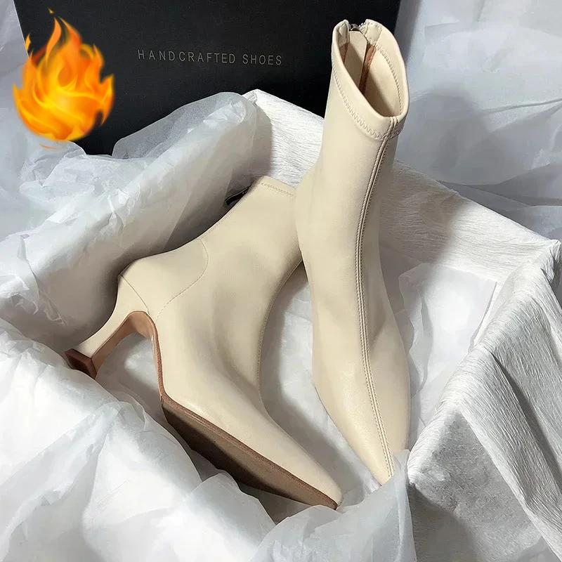 

Модные остроносые короткие ботинки для женщин 2025 новый стиль женские ботинки европейский и американский тонкий каблук короткое голенище высокий каблук 39 белый