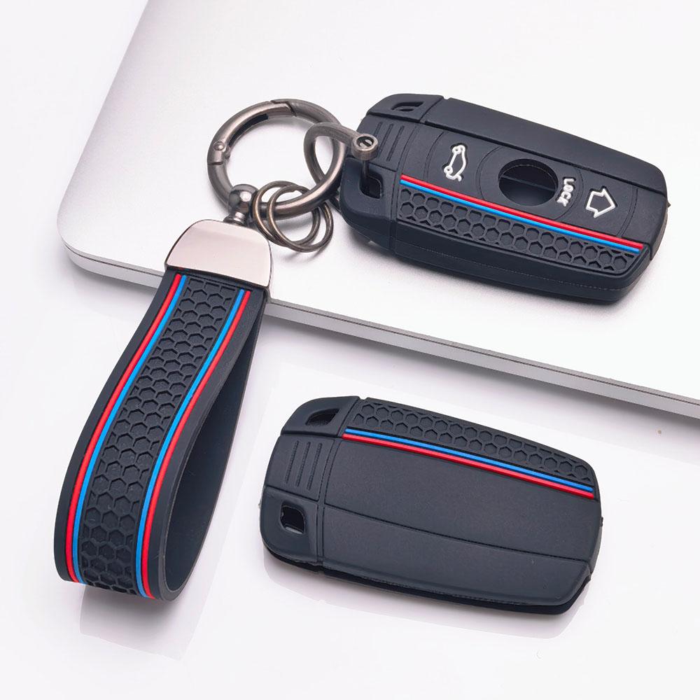 Silicone Car Key Fob Cover with Matching Keychain Designed for BMW 1 3 5 Series X1 X3 X5 E90 E60 E87 E91 E92 E84 E70 This Protective Key Case Features