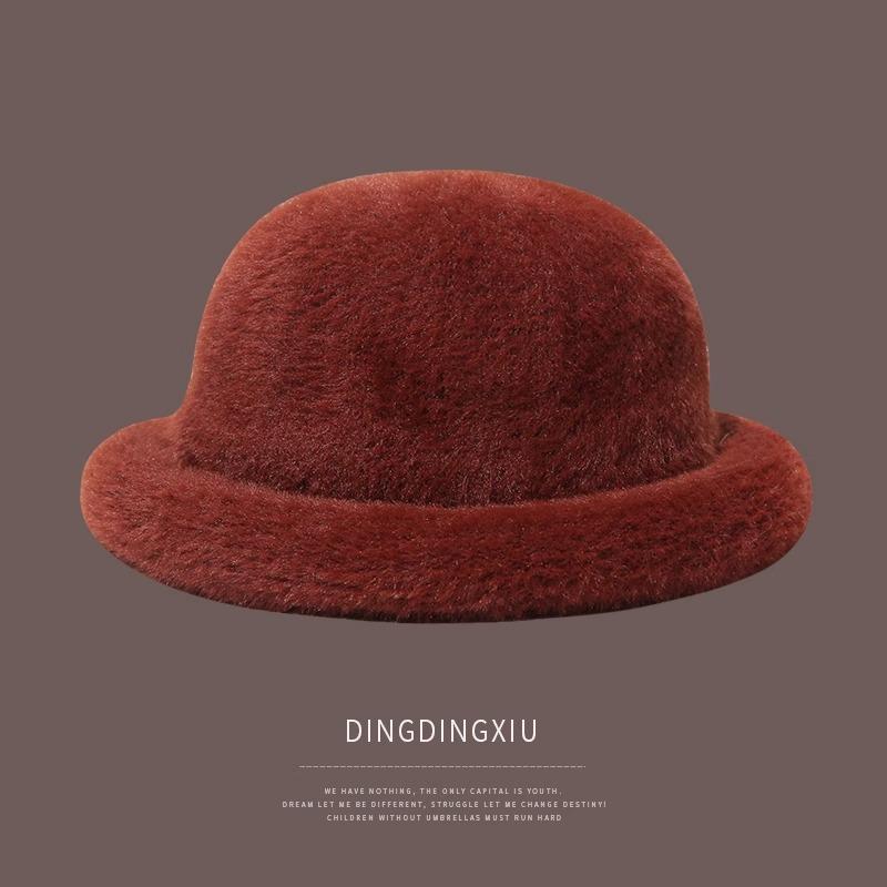 Bucket hat women's winter warm hat plush top hat knitted basin hat thick light luxury high sense