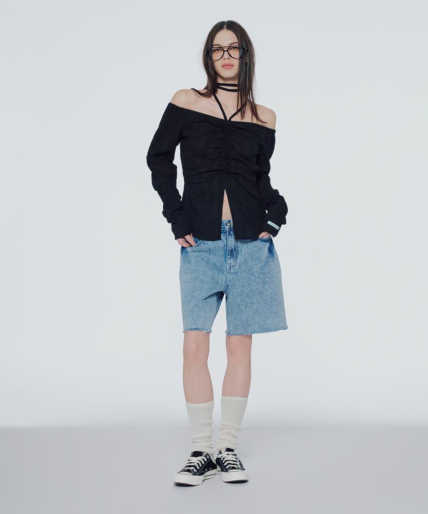 INSTANTFUNK Off-Shoulder Shirred Blouse