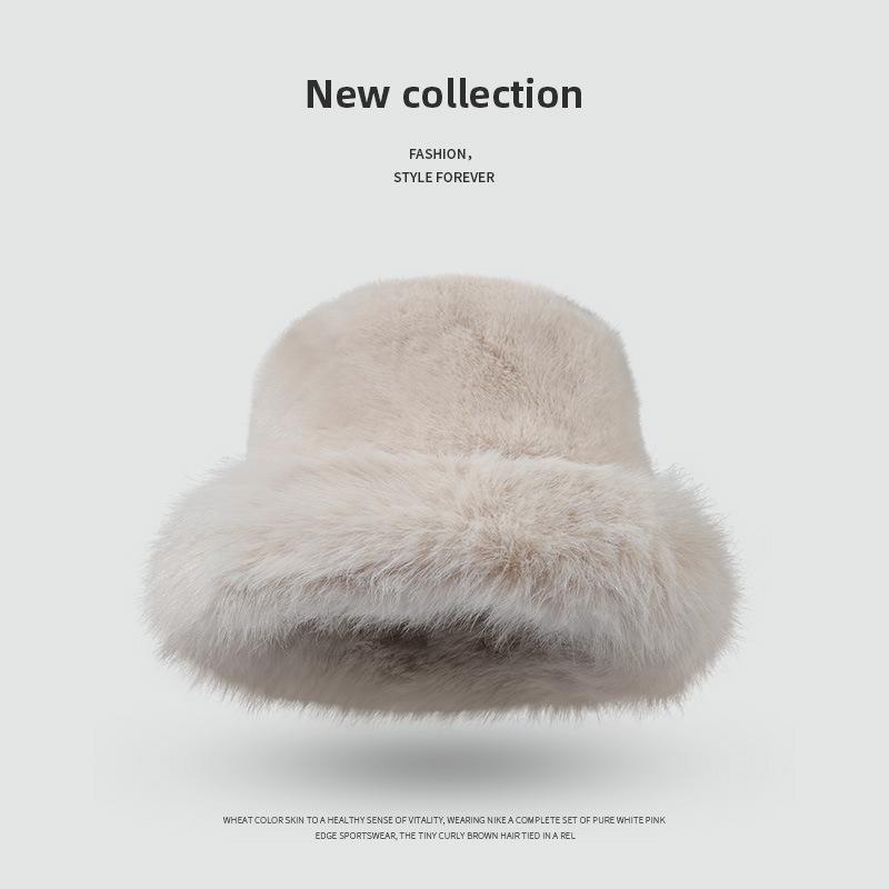Advanced imitation rabbit fur bucket hat autumn and winter plush warm ear protection small solid color flat top Mongolian hat