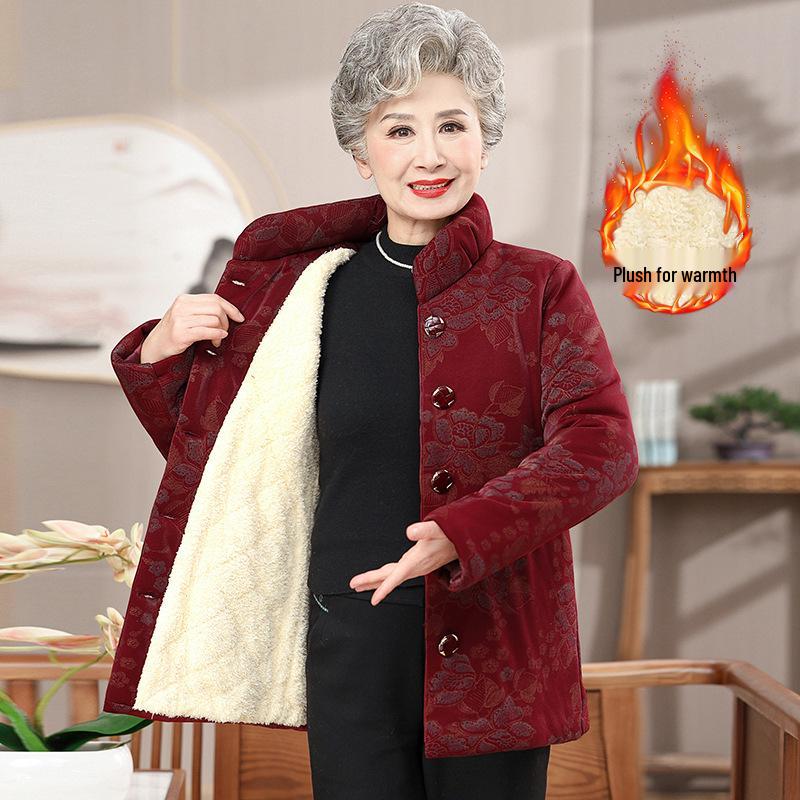 Elderly Women's Winter Fleece-Lined Cotton Jacket for 70-80 Year Olds