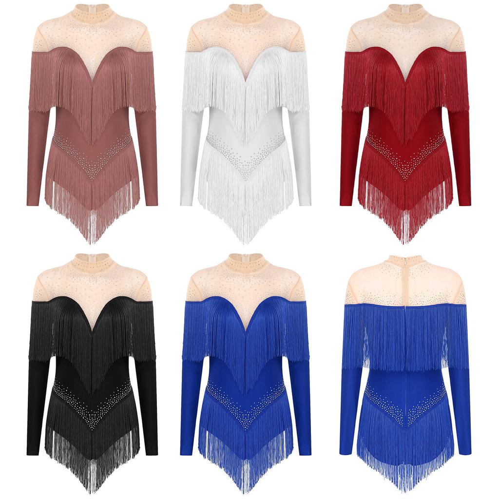 Stage Dance Bodysuit for Women - Latin Style with Tassels, Shiny Rhinestones & Sheer Mesh Long Sleeve Design