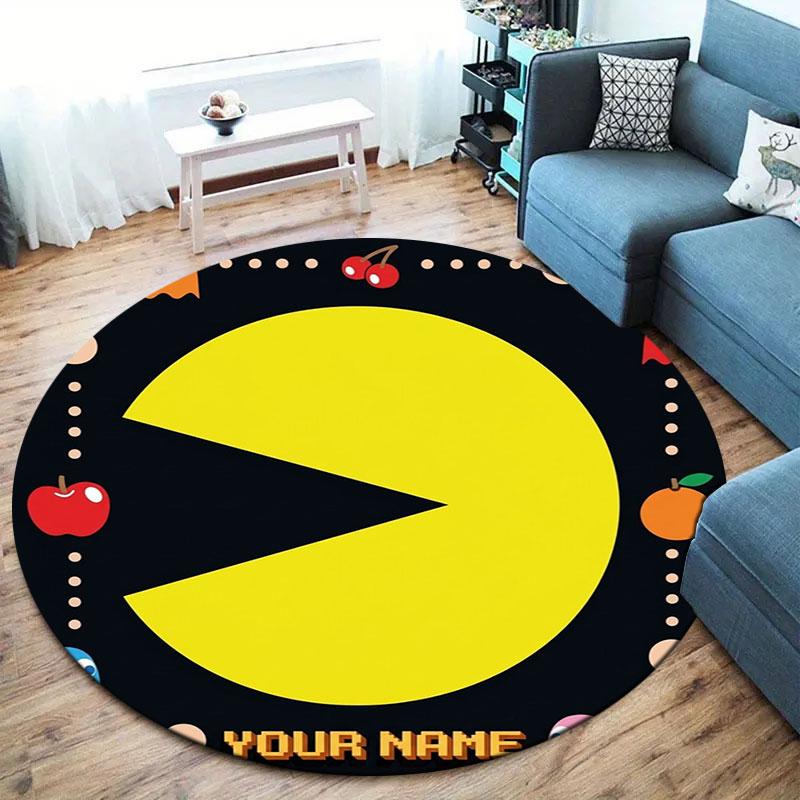 Pac-Man Custom Name Round Area Rug,Carpet Rug for Living Room Bedroom Sofa Playroom Decor,Non-slip Floor Mat