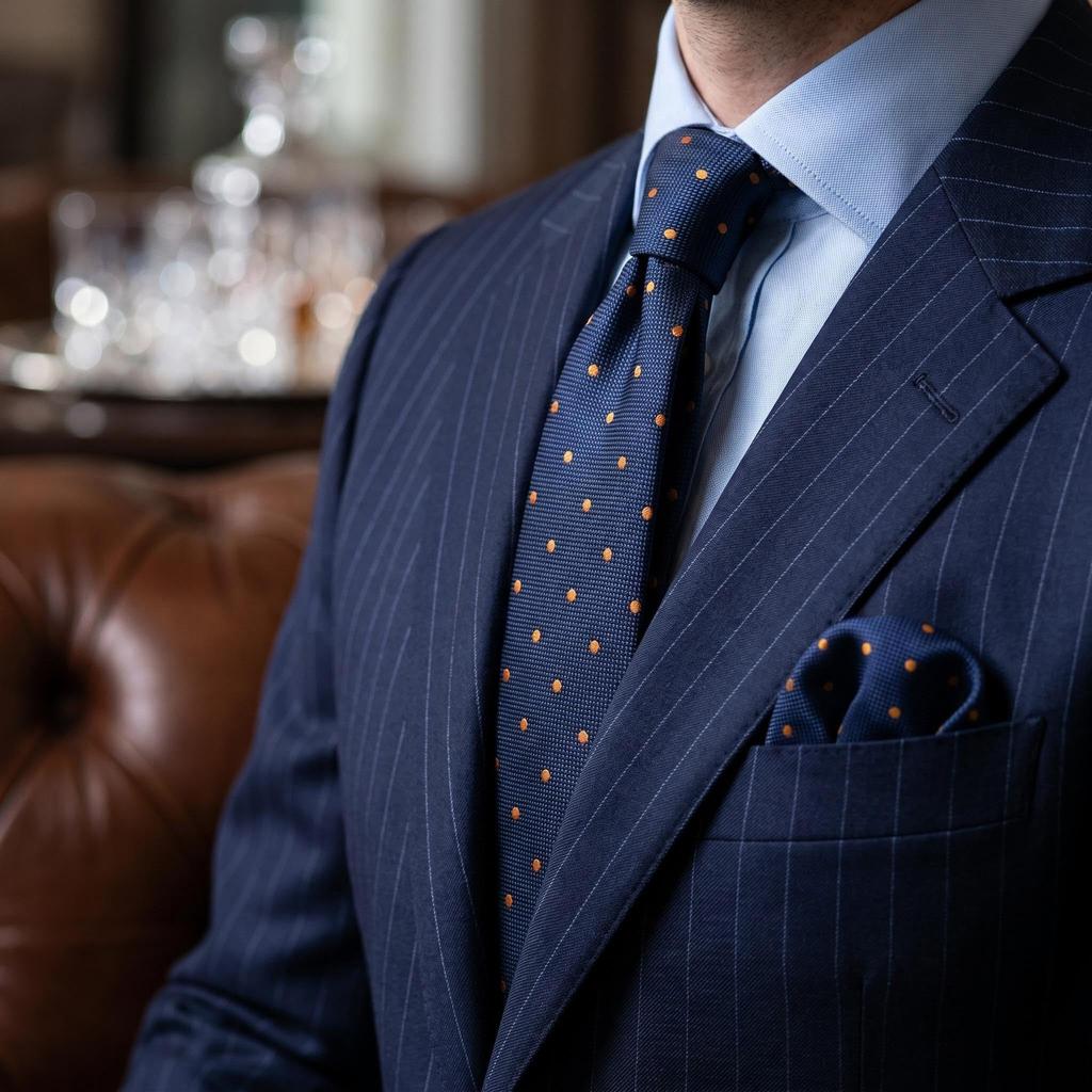 [S&W SHLAX&WING] Dot Tie & Pocket Square Set for Men, Navy Blue with Orange Dots, Extra Long (160cm)