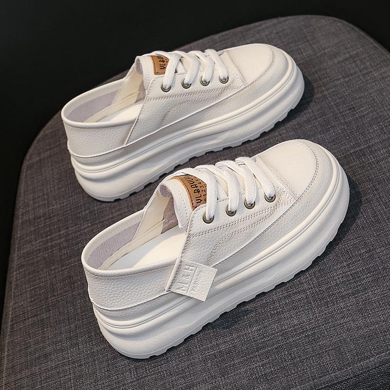 Popular Can Step On Two Thick-soled Sports Board Shoes for Women's 2025 New Spring and Summer Casual Real Soft Leather Little White Shoes Little Whit