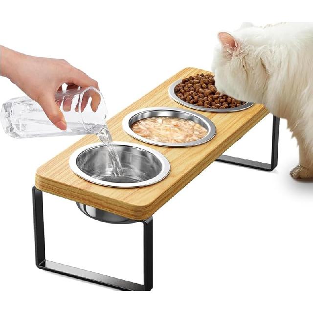 Elevated Cat Bowls with 3 Stainless Steel Bowls | 10° Tilted Anti-Vomiting Raised Cat Food Bowl for Small Cats and Puppies Pet Bowl with Stand