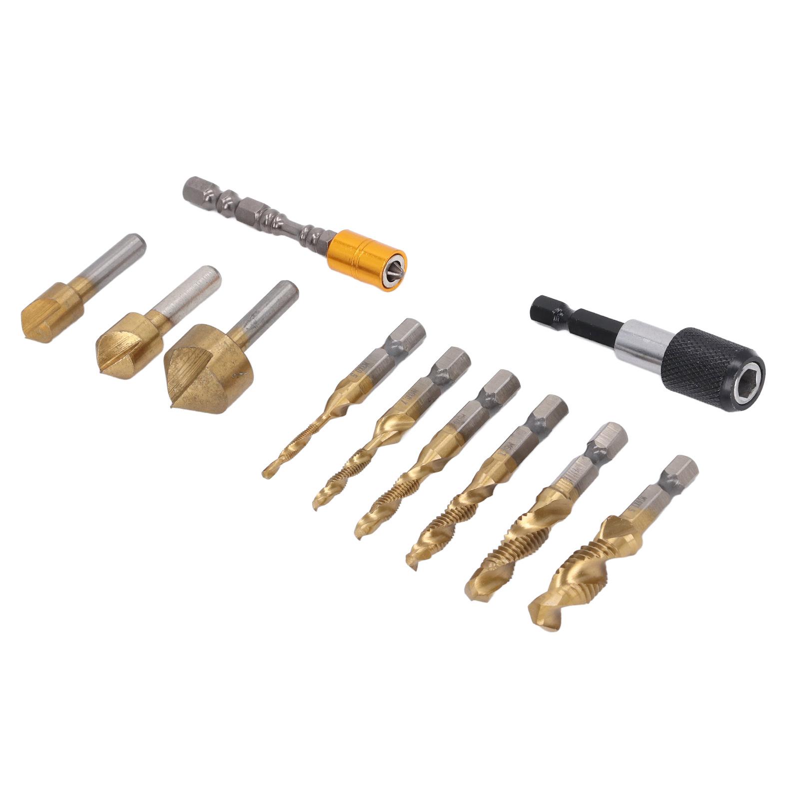 

11Pcs Chamfer Drilling Tools Woodworking Ti Coated Step Drill Bits Quick Release Extension Rod Tap