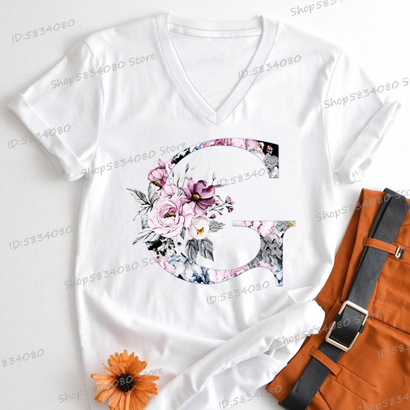 Watercolor Letter C Print Women Vneck Tshirts 26 Initials Flower Retro Classic Tops Alphabet Floral Womens Birthday Gift Tees