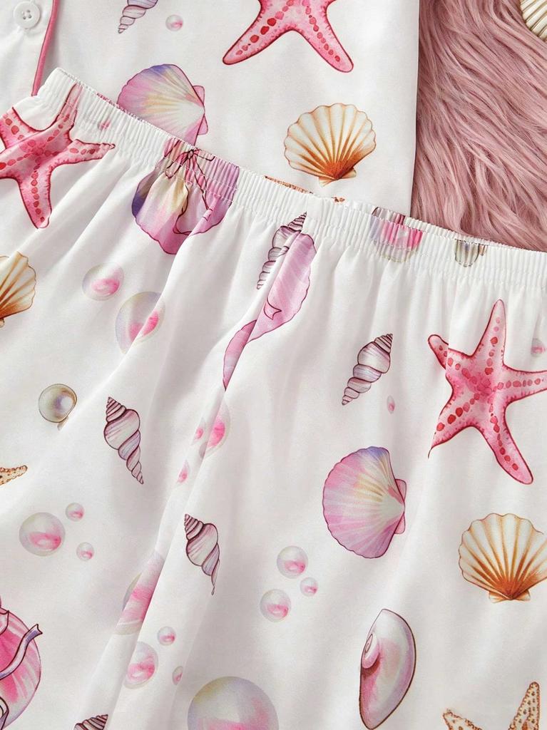 Girls Starfish Print Pajamas Set Button-Down Short Sleeve Top Shorts Sleepwear for 14-16Y