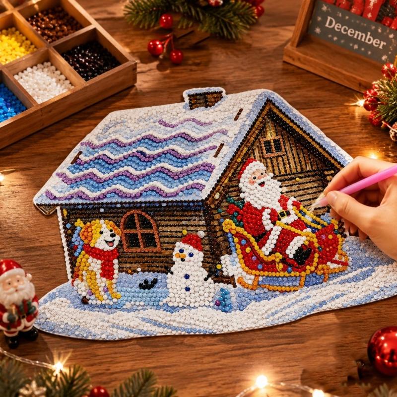 Freestanding Wooden Christmas Art Craft, Multicolored Decorative Project for Creating Pitched-Roof Seasonal Display