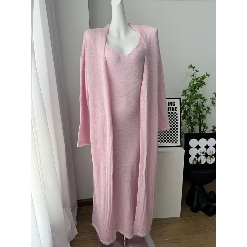 

Western Style New Knitted Sling Long dress + Cardigan Dress Set Knitted Dress Two-Piece Set Pink Two-piece set L