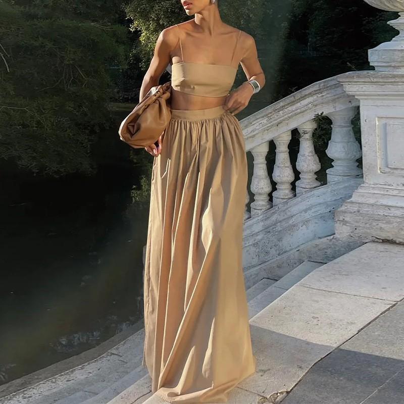 2026 Womens Solid Color Sleeveless Camisole Top Maxi Skirt Set Elegant Office Casual Two-Piece Outfit