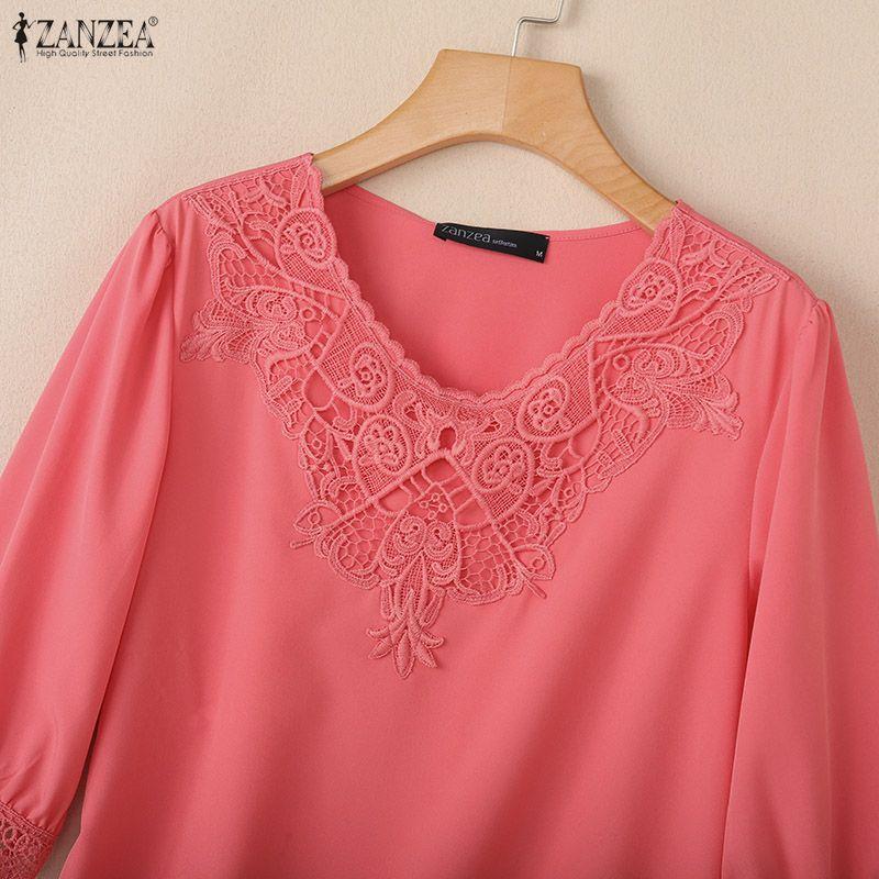 ZANZEA Blusa Casual de Encaje Crochet con Escote en V y Manga Media para Mujer