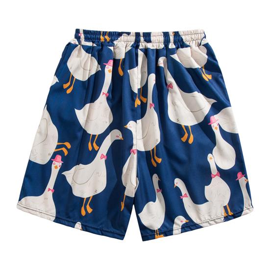 Men Beach Shorts Elastic Waist Adjustable Drawstring Cartoon Goose Print Beach Shorts Quick Drying Leisure Shorts