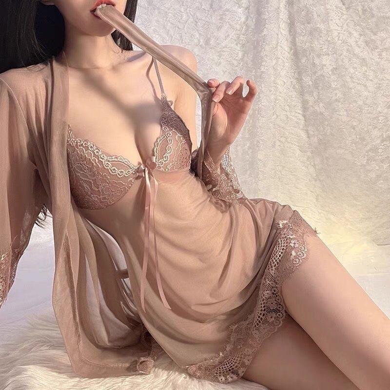 Women's Lace Mesh Pajama Set: Camisole, Nightgown & Outer Robe - Spring/Summer Collection