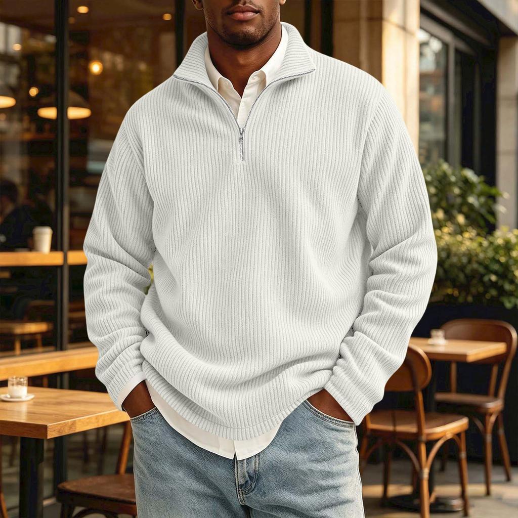 Men's Vintage Corduroy Long Sleeve Shirt with Zip Stand Collar Casual Top