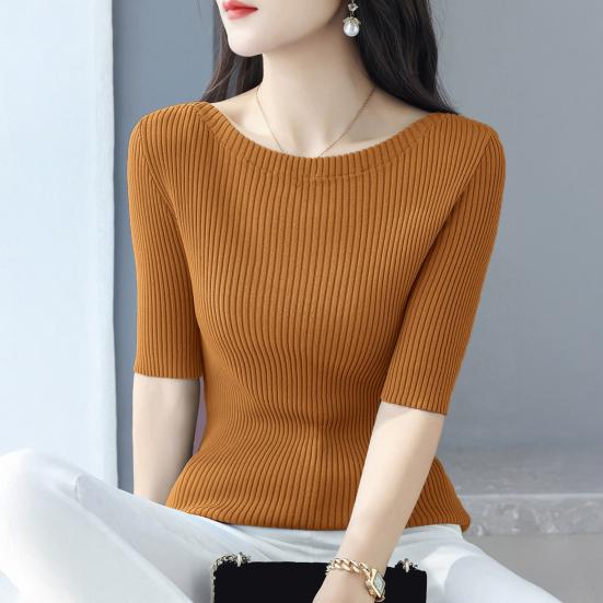 Dámské topy Slim Fit Jednobarevné Žebrované Tričko Kulatý Výstřih Poloviční Rukáv Elastický Pulovr Topy Pro Každodenní Nošení