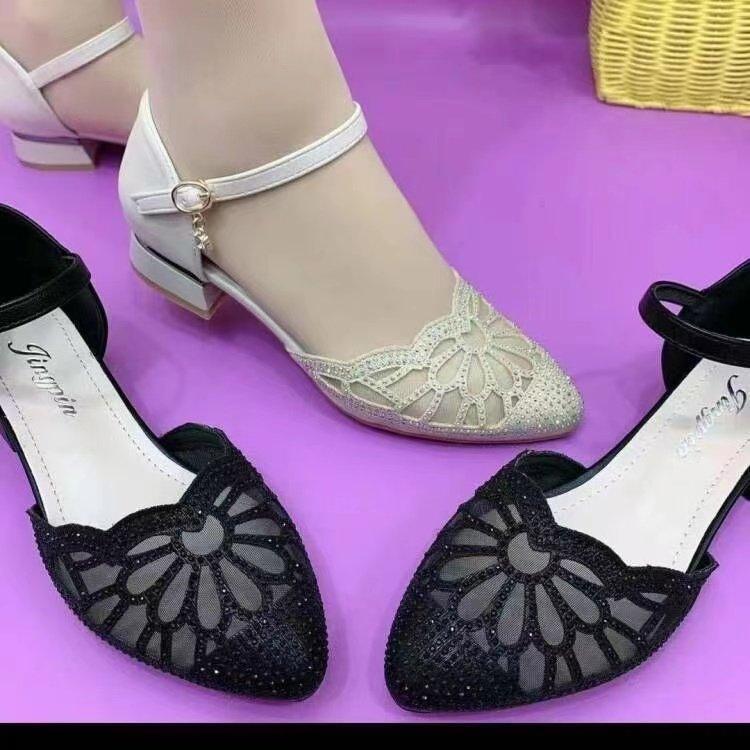 Hollow soft sole medium heel sandals women's medium heel thick heel outer wear shallow mouth pointed hollow rhinestone one-word buckle belt mother