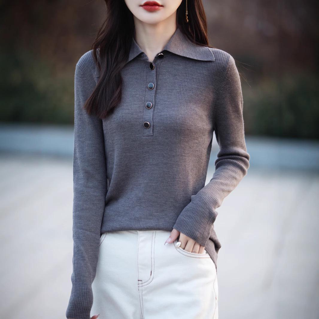 

Women s Spring Merino Wool Sweater - Slim Fit, High-End Solid Color, Turn-Down Collar Knit Top Medium