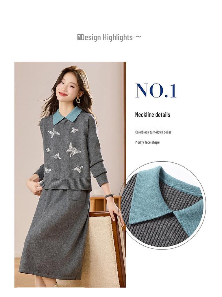 Damski dzianinowy zestaw dwuczęściowy: Kamizelka z okrągłym dekoltem i kardigan o średniej długości z długim rękawem Sukienka wełniana
