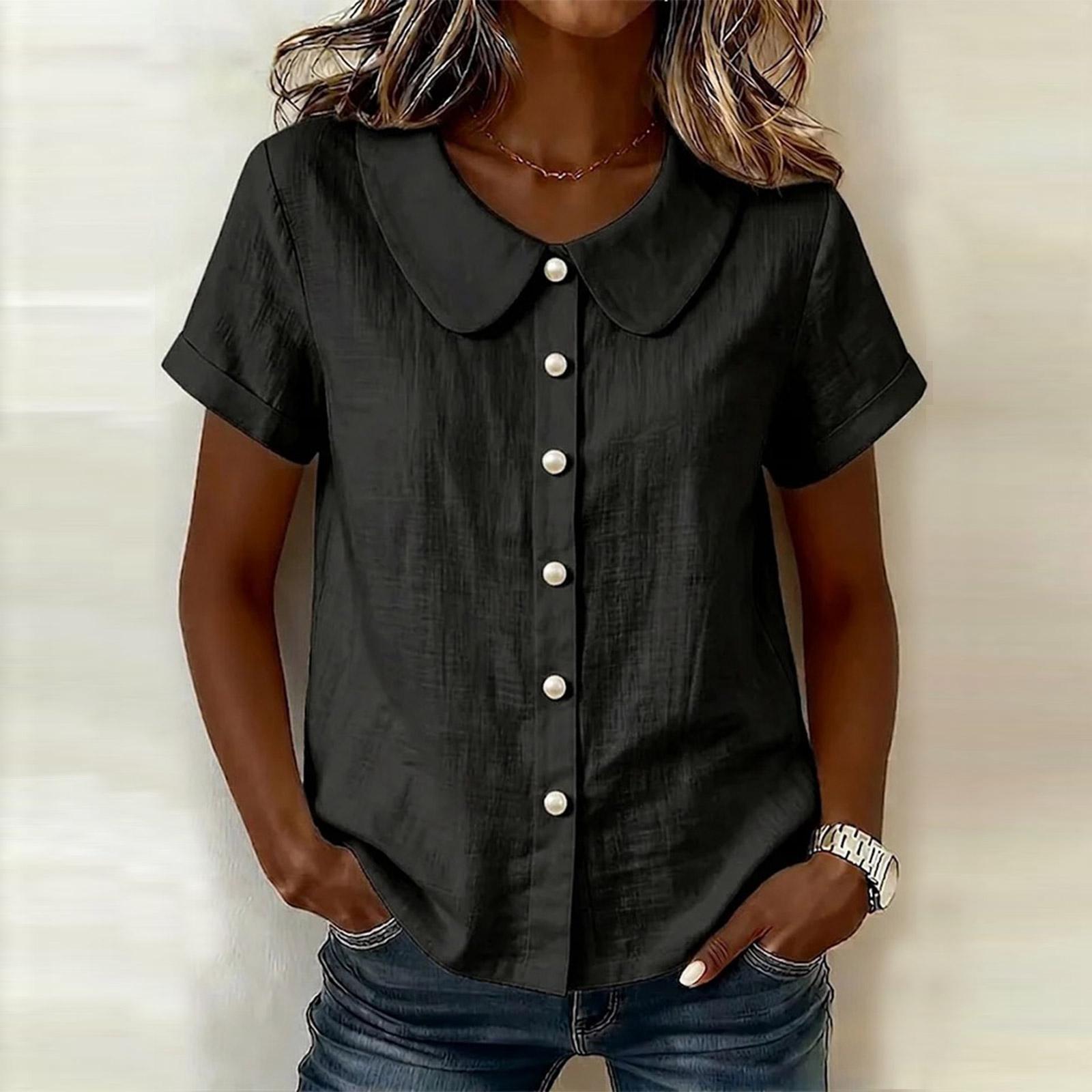 

Women s Fashion New Summer Loose Color Short Sleeve Casual Cotton Linen Collar Button-Decorated Shirt Top L чёрный