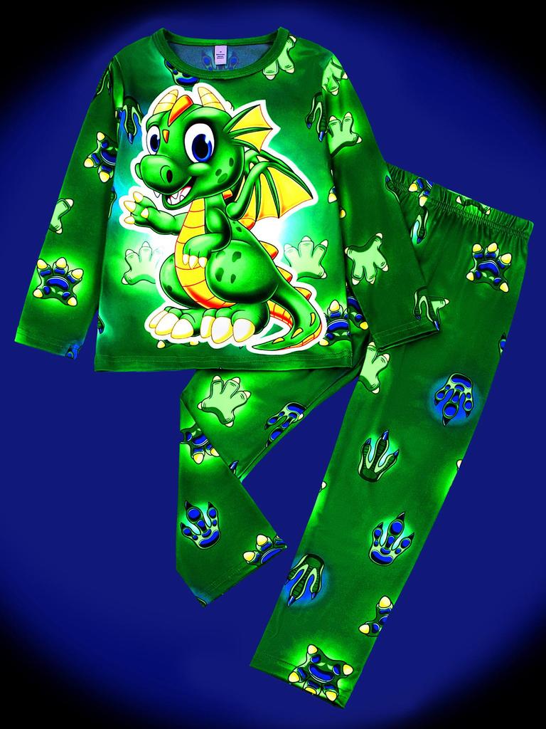 Flame-Retardant Milk Silk Kids' Dinosaur Pajama Set - Green Fluorescent, Long Sleeve & Pants