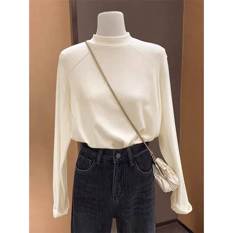 

Women s Striped Long-Sleeve Half-High Collar Fleece T-Shirt - Chic Gray Korean Style for Autumn/Winter. Medium