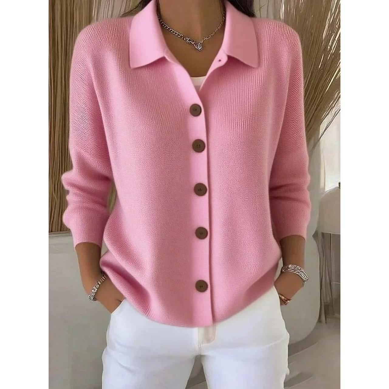 Button Knitted Lapel Sweater Cardigan Jacket Autumn and Winter Solid Color Casual Fashion Women s Clothing XS розовый