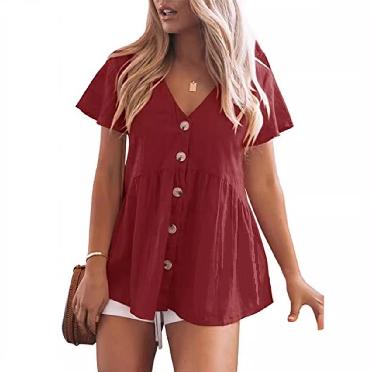 

Summer V-neck Pure Cotton Short Sleeved Shirt Button Solid Color Women s Blouses & Shirts S