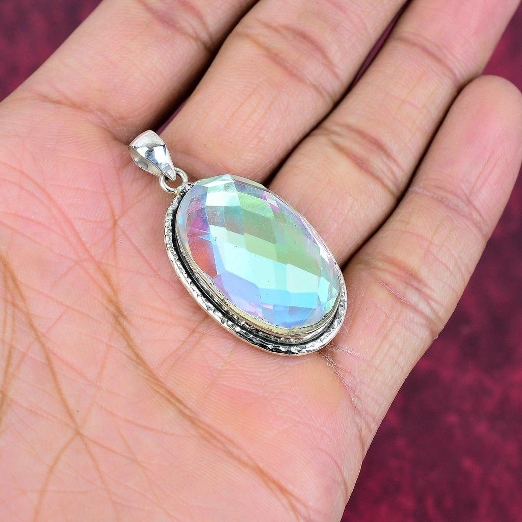 Rainbow Mystic Topaz Pendant, 925 Solid Sterling Silver Gemstone Jewelry, Handmade Pendant, For Thanksgiving