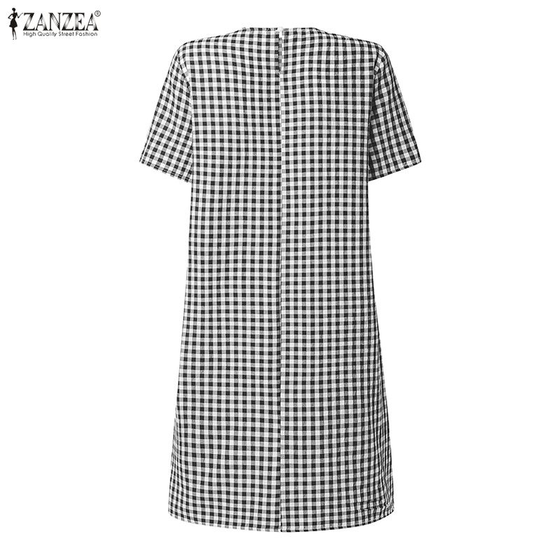 ZANZEA Women Grid Print Casual Round Neck Short Sleeve Dress