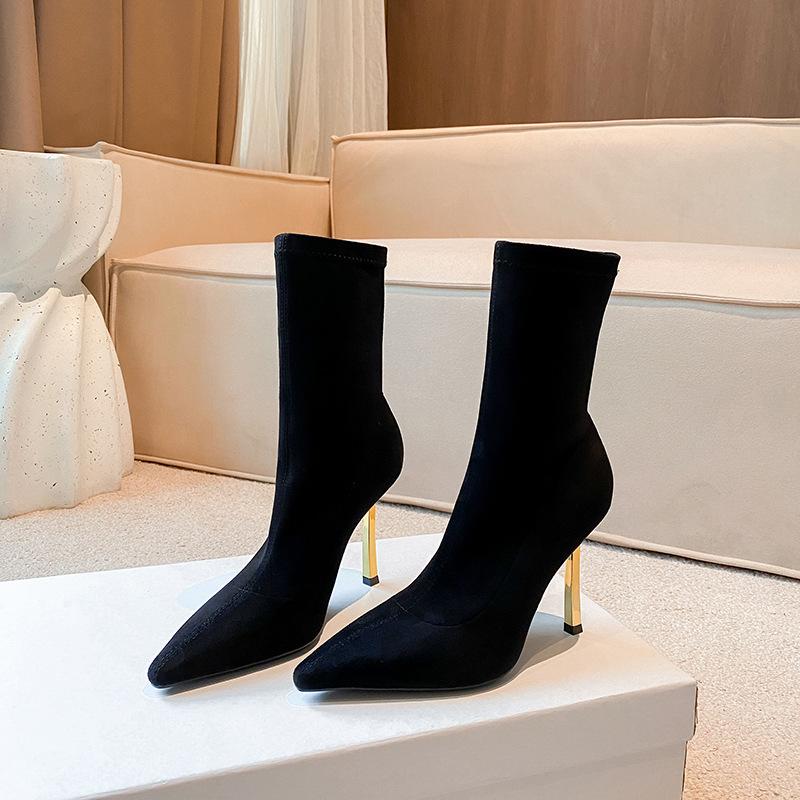 

Fashion 2025 Autumn Winter Elastic Faux Suede Women Ankle Boots Fashion Metal Gold Thin High heels Slim Chelsea Sock Boots Shoes Booties 35
