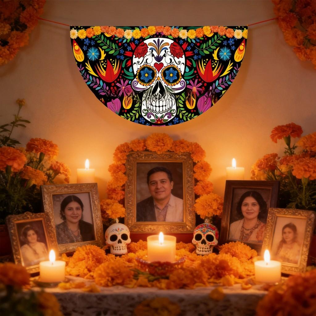 Watercolor Marigold Skeleton Day Of The Dead Fan Flag For Mexican Festival Party Decor