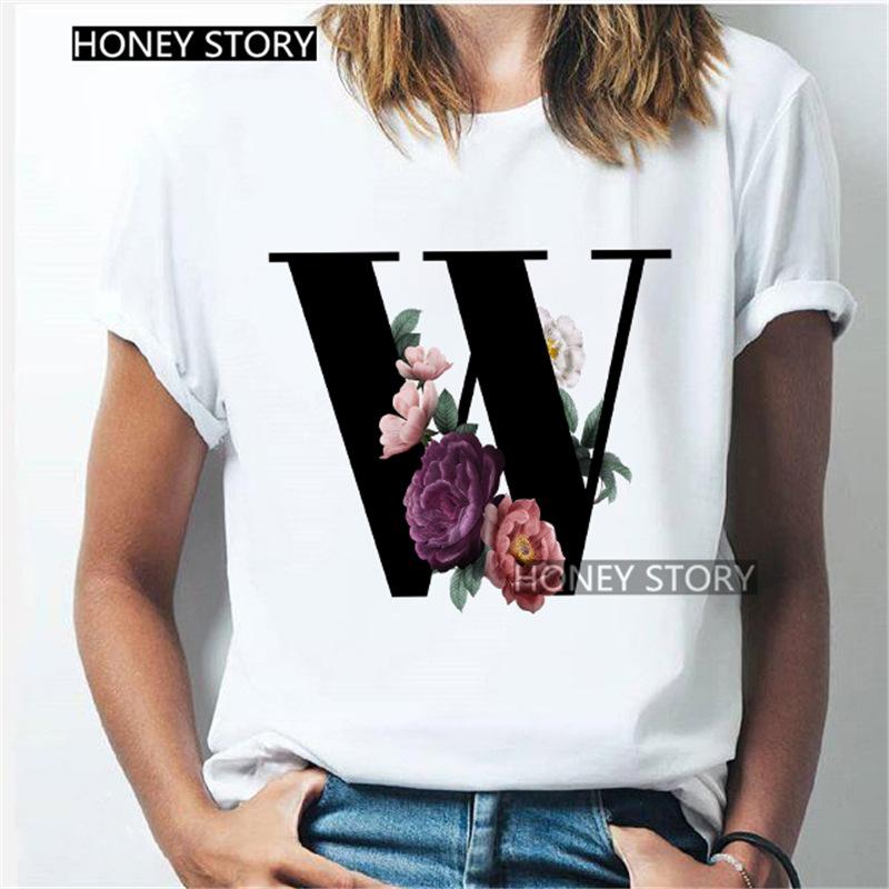 Kawaii English Alphabet Flowers Graphics Female T-Shirt 90S Summer Loose Short Sleeve Round Neck Female Tops Clothing