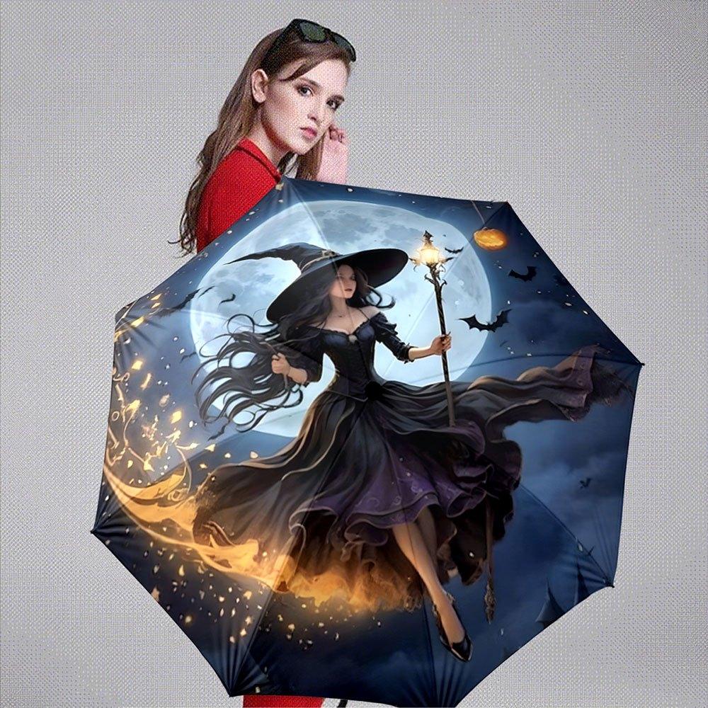

-Themed Folding Umbrella Featuring a Witch Soaring Through a Magical Night, Perfect As a Portable Gift for Christmas, Hallowee (as the picture,Iron&8K)
