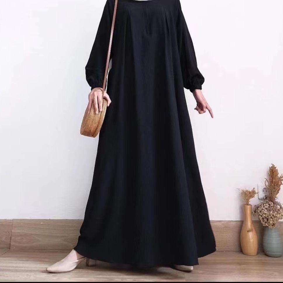 2023 Solid Color Long-Sleeve Round Neck Zipper Dress for Muslim Women